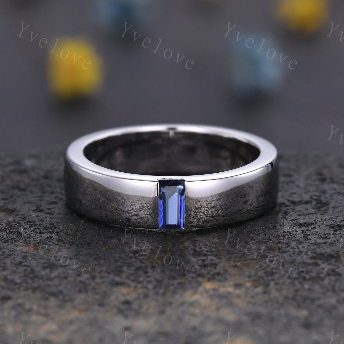 Mens Blue Sapphire Wedding Band Baguette Cut Sapphire Band 5mm Solid Gold Ring Mens Solitaire Stacking Matching Band Retro Vintage Ring Gift