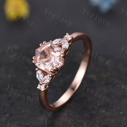 Hexagon Peach Morganite Ring,Morganite Engagement Ring,Enhancer Wedding Ring,Double Curved band,Women Bridal Stacking Moissanite Band,Silver