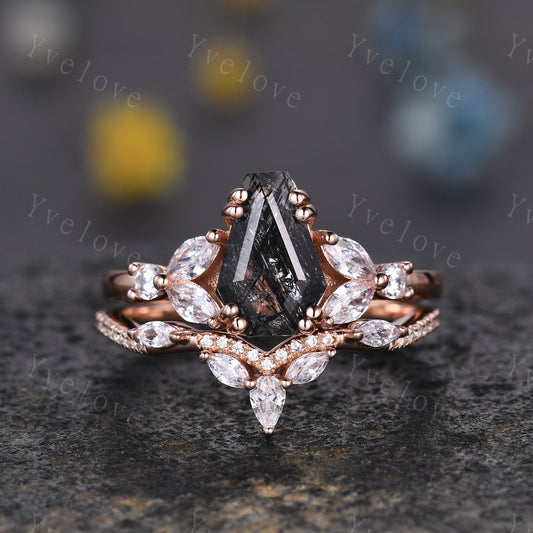 Vintage coffin shaped black quartz ring set moissanite wedding ring Unique rutilated quartz engagement ring rose gold bridal promise ring