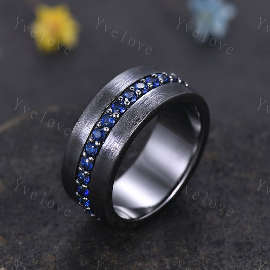 Mens Blue Sapphire Wedding Band Black Band Sapphire Black Gold Ring Brushed Band Mens Stacking Matching Band Retro Vintage Ring Gift For Him