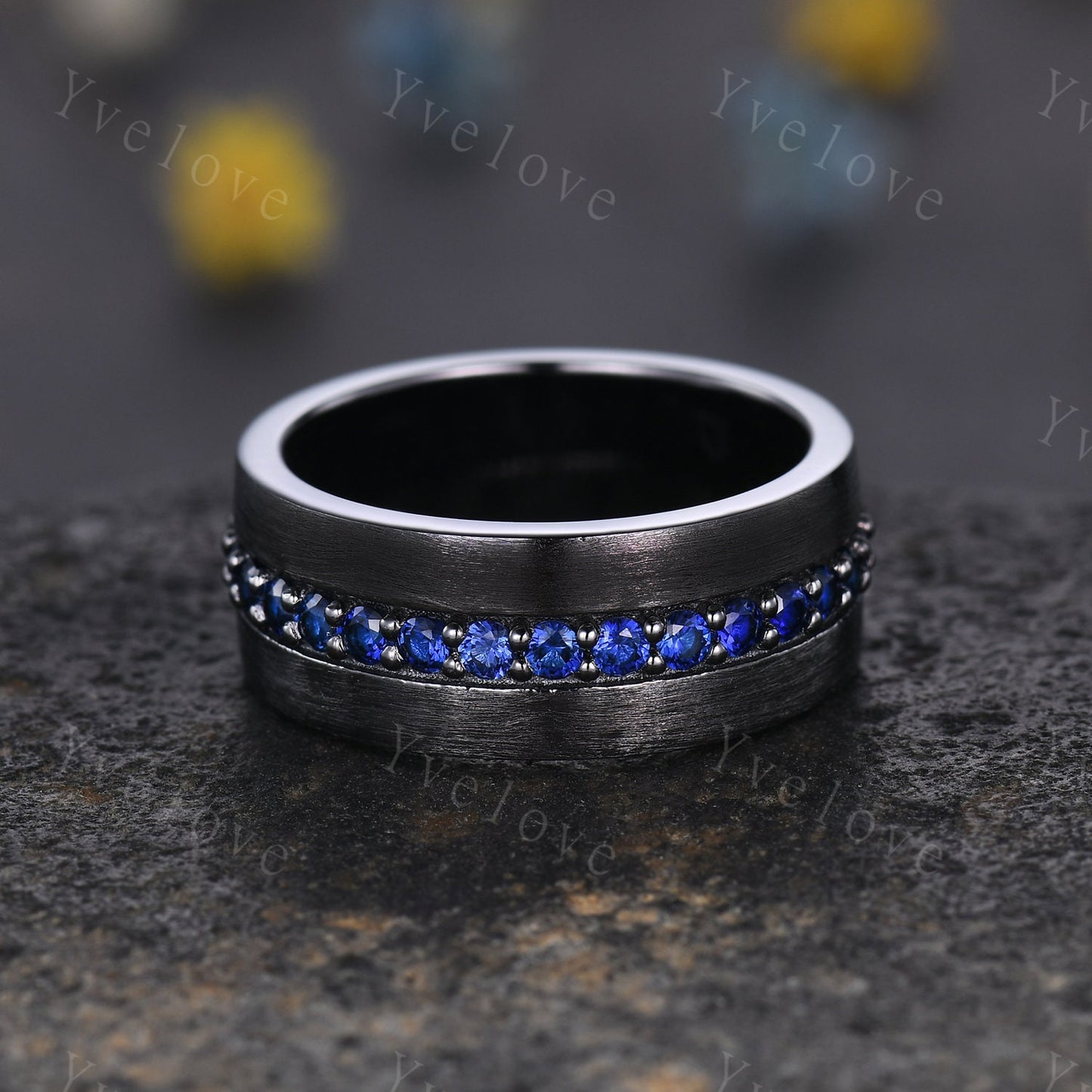 Mens Blue Sapphire Wedding Band Black Band Sapphire Black Gold Ring Brushed Band Mens Stacking Matching Band Retro Vintage Ring Gift For Him