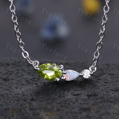 Unique Peridot Opal Necklace,Pear Cut Gems,Art Deco Moissanite Diamond Delicate Dainty Necklace,3 Stone Unique Women Bridal Gift,Silver