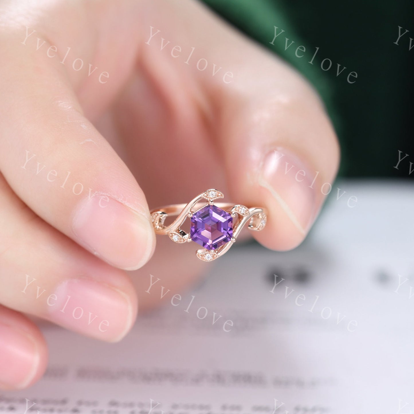 Retro hexagon Amethyst Ring,Vintage rose gold Ring Set,Unique Amethyst Engagement Ring,Promise Ring,Bridal Ring Set February Ring Mom Gift