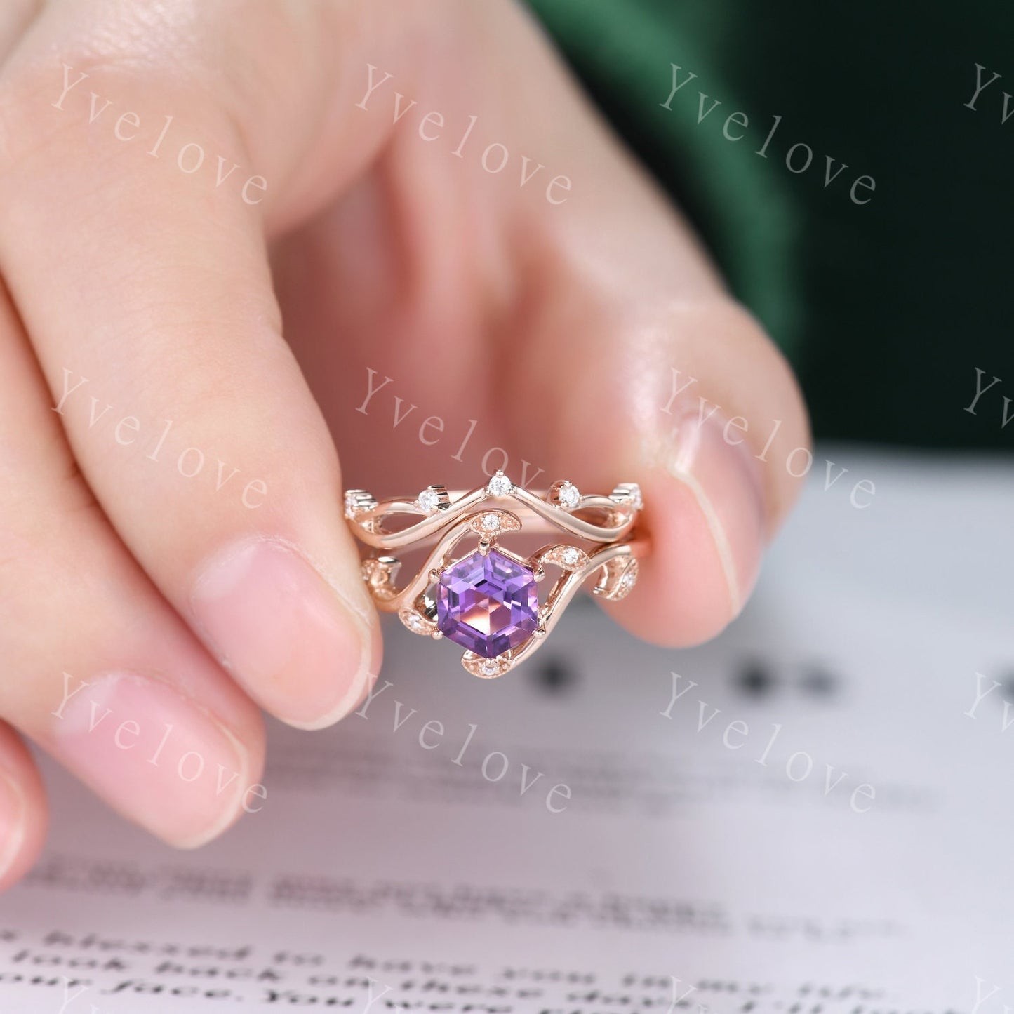 Retro hexagon Amethyst Ring,Vintage rose gold Ring Set,Unique Amethyst Engagement Ring,Promise Ring,Bridal Ring Set February Ring Mom Gift