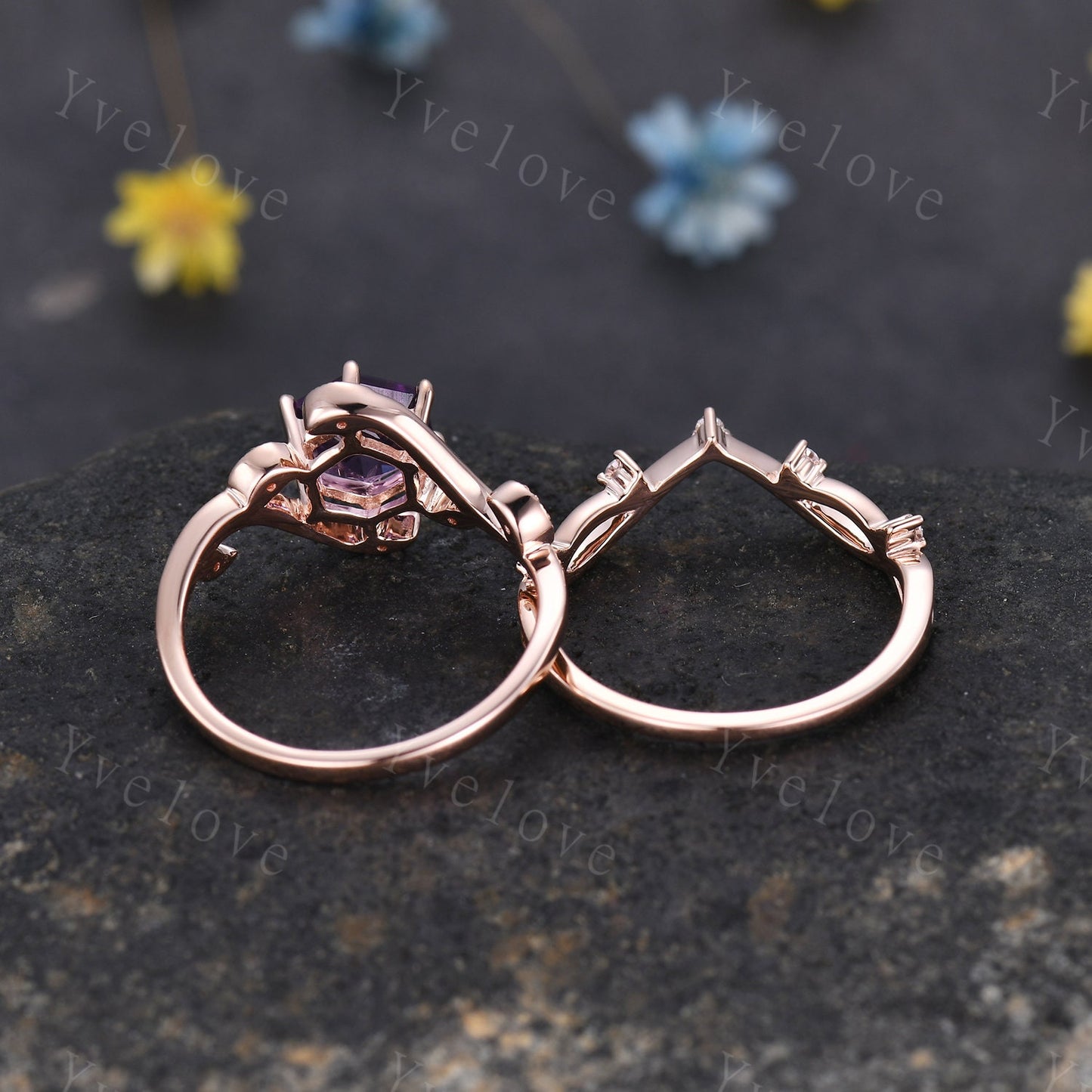 Retro hexagon Amethyst Ring,Vintage rose gold Ring Set,Unique Amethyst Engagement Ring,Promise Ring,Bridal Ring Set February Ring Mom Gift