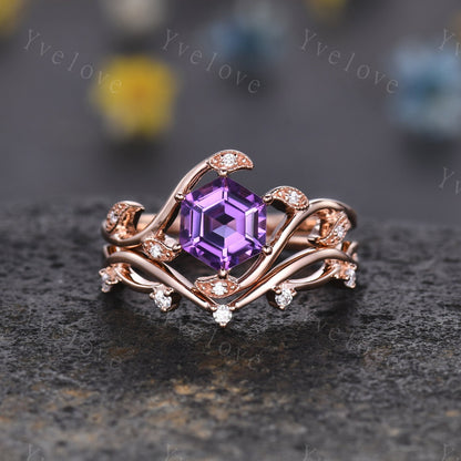 Retro hexagon Amethyst Ring,Vintage rose gold Ring Set,Unique Amethyst Engagement Ring,Promise Ring,Bridal Ring Set February Ring Mom Gift