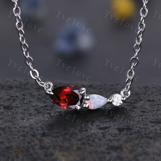 Unique Garnet Opal Necklace,Pear Cut Gems,Art Deco Moissanite Diamond Delicate Dainty Necklace,3 Stone Unique Women Bridal Gift,White gold