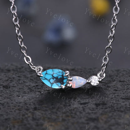 Unique Turquoise Opal Necklace,Pear Cut Gems,Art Deco Moissanite Diamond Delicate Dainty Pendant,3 Stone Unique Women Bridal Gift,White gold