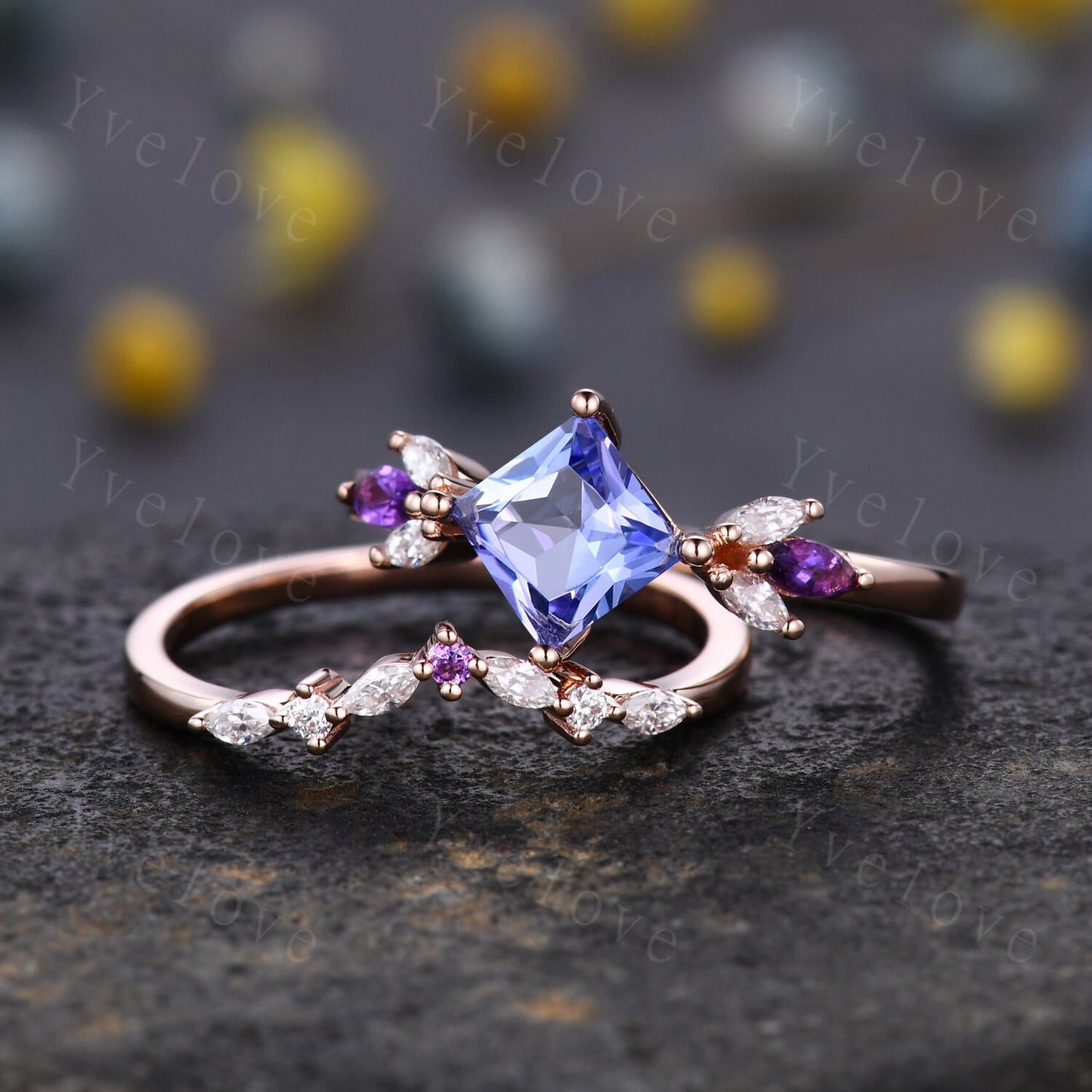 Vintage Princess Cut Tanzanite Engagement Ring Set Rose Gold Women Moissanite Amethyst Gem Matching Band Promise Bridal Stacking Ring Set