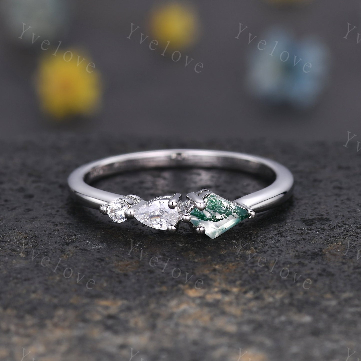 Unique Moss Agate Opal Engagement Ring,Kite Cut Gems,Art Deco Moissanite Wedding Band,3 Stone Unique Women Bridal Promise Ring,Customized