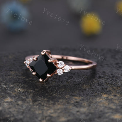 3PCS Vintage princess cut black onyx engagement ring set,black spinel ring,baguette alexandrite,sterling silver ring,unique ring set gift