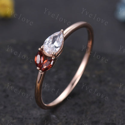 Minimalist Pear Moissante Wedding Ring,Art Deco Red Garnet Stacking Band,Milgrain,Rose gold,3 Stone Unique Women Bridal Cluster Ring Gift