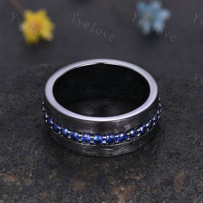 Mens Blue Sapphire Wedding Band Black Band Sapphire Black Gold Ring Brushed Band Mens Stacking Matching Band Retro Vintage Ring Gift For Him