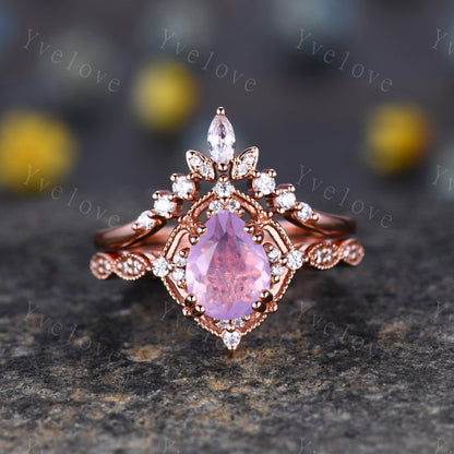 Vintage Lavender Amethyst Engagement Ring Set,6x8mm Pear Amethyst Bridal Set,V Curved Moissanite Stacking Band,Solid Gold,Women Rings Gift