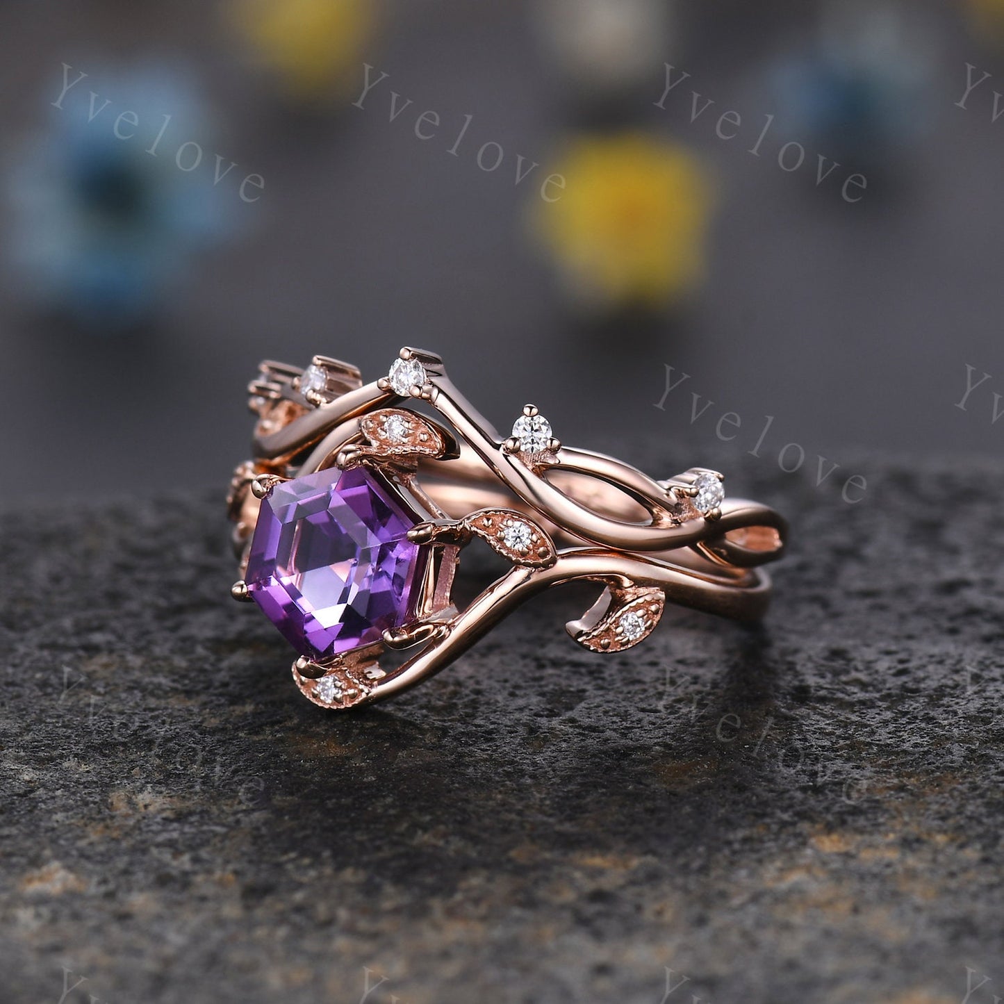 Retro hexagon Amethyst Ring,Vintage rose gold Ring Set,Unique Amethyst Engagement Ring,Promise Ring,Bridal Ring Set February Ring Mom Gift