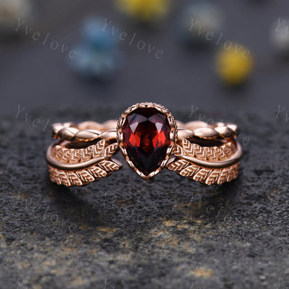 Vintage Oval Cut Red Garnet Engagement Ring Set Unique Leaf Twisted Design Ring Art Deco 14K Rose Gold Open Gap Band Bridal Set Customized