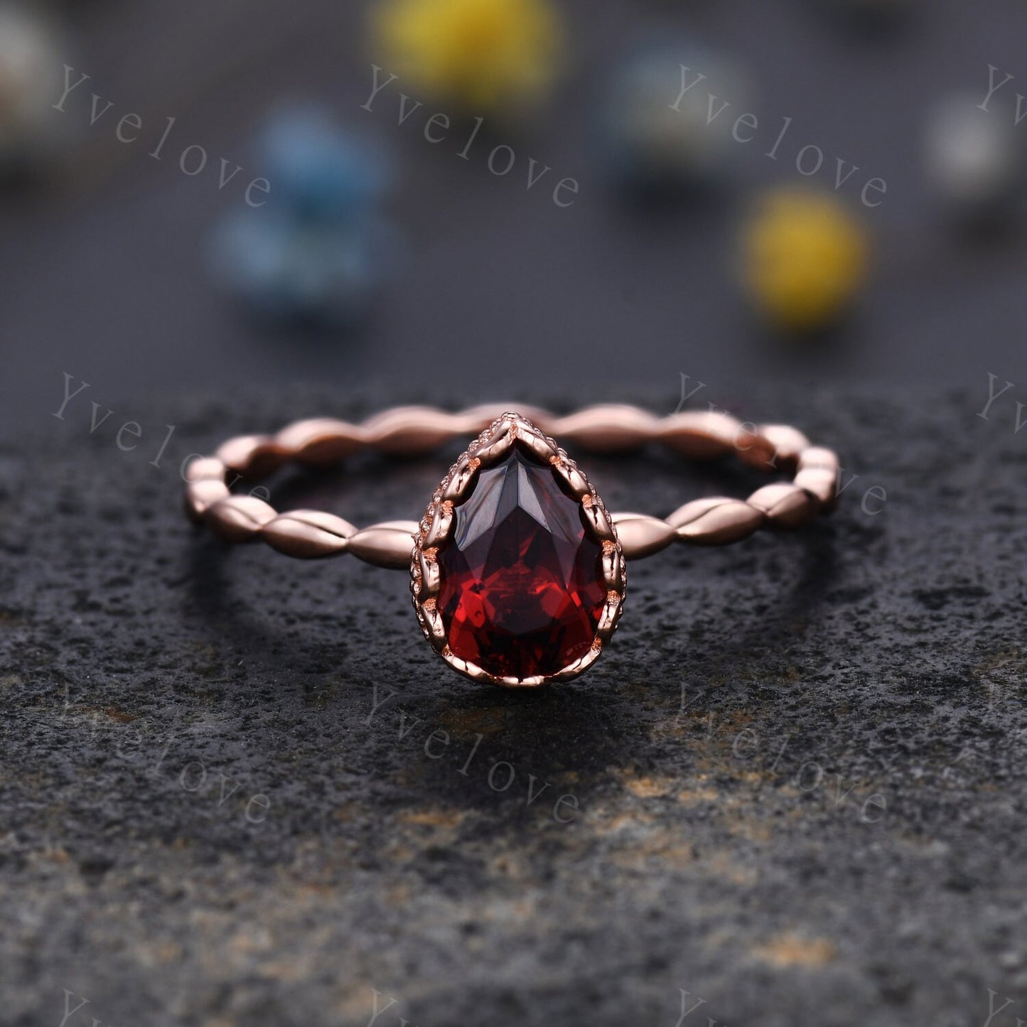 Vintage Oval Cut Red Garnet Engagement Ring Set Unique Leaf Twisted Design Ring Art Deco 14K Rose Gold Open Gap Band Bridal Set Customized