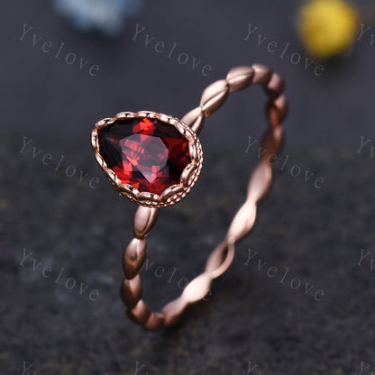 Vintage Oval Cut Red Garnet Engagement Ring Set Unique Leaf Twisted Design Ring Art Deco 14K Rose Gold Open Gap Band Bridal Set Customized