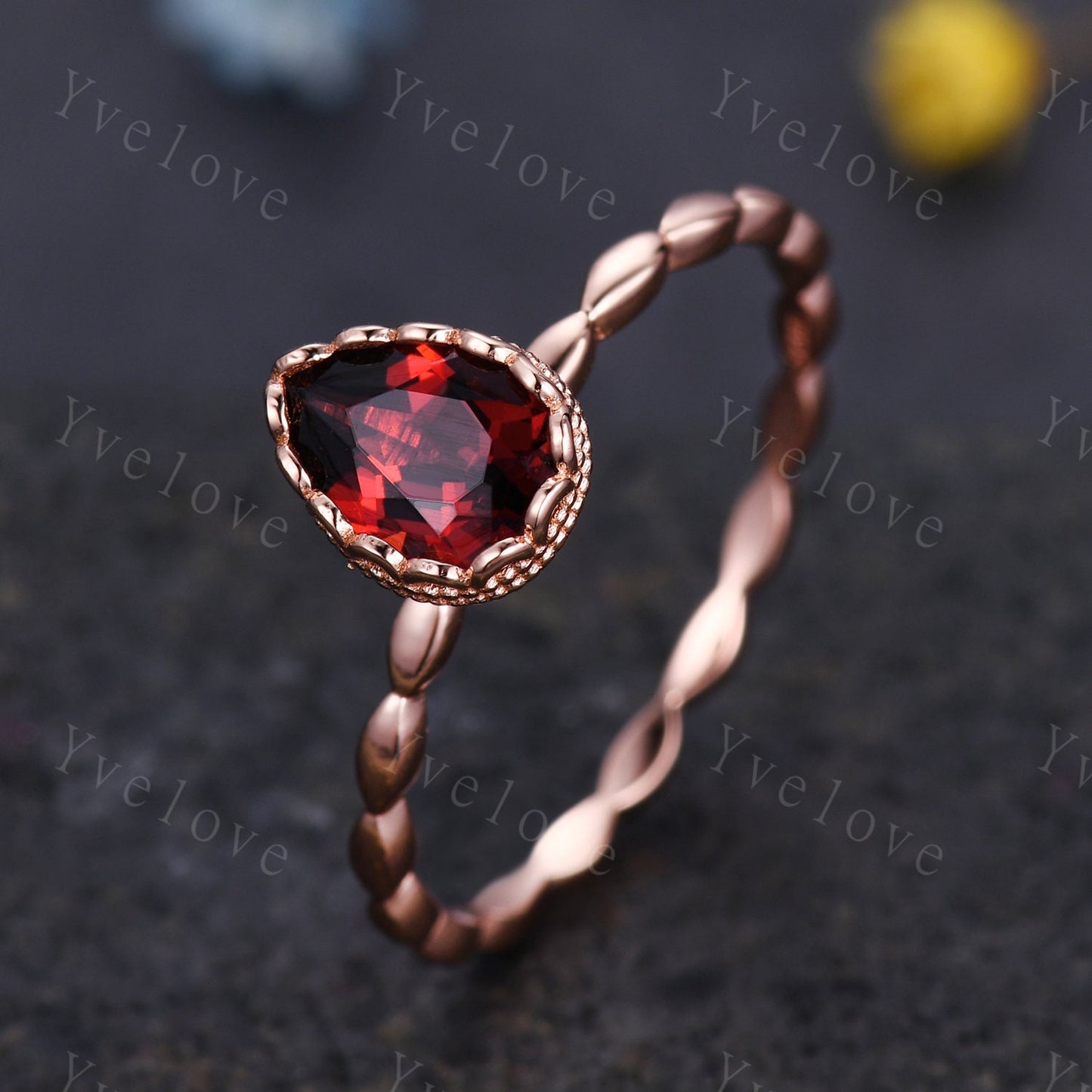 Vintage Pear Cut Red Garnet Engagement Ring Set Unique Leaf Twisted Design Ring Art Deco 14K Rose Gold Open Gap Band Bridal Set Customized