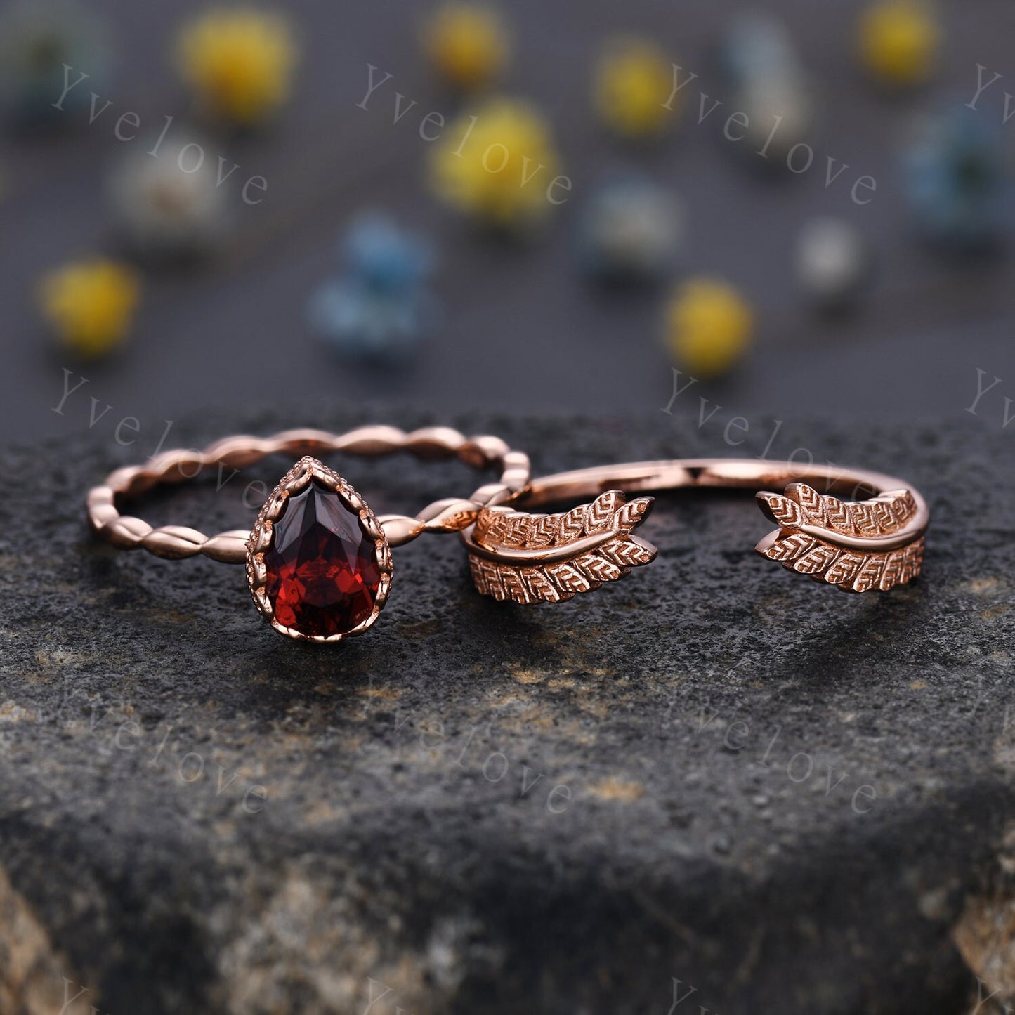 Vintage Oval Cut Red Garnet Engagement Ring Set Unique Leaf Twisted Design Ring Art Deco 14K Rose Gold Open Gap Band Bridal Set Customized