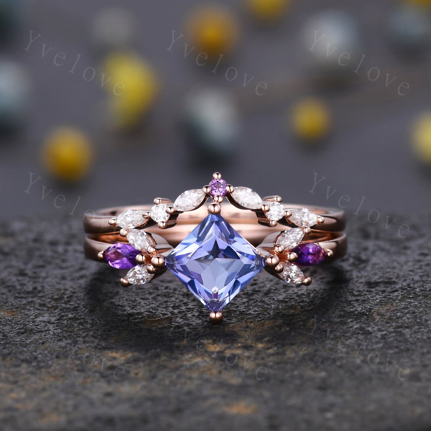 Vintage Princess Cut Tanzanite Engagement Ring Set Rose Gold Women Moissanite Amethyst Gem Matching Band Promise Bridal Stacking Ring Set