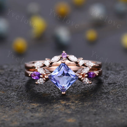 Vintage Princess Cut Tanzanite Engagement Ring Set Rose Gold Women Moissanite Amethyst Gem Matching Band Promise Bridal Stacking Ring Set