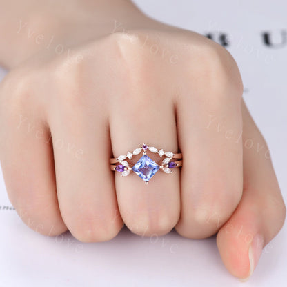 Vintage Princess Cut Tanzanite Engagement Ring Set Rose Gold Women Moissanite Amethyst Gem Matching Band Promise Bridal Stacking Ring Set