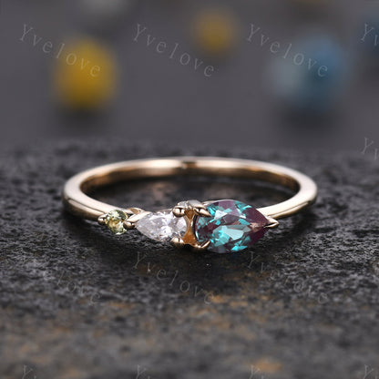 Vintage Alexandrite Engagement Ring,Pear Cut Gems,Art Deco Moissanite Peridot Wedding Band,3 Stone Unique Women Bridal Promise Ring,Custom