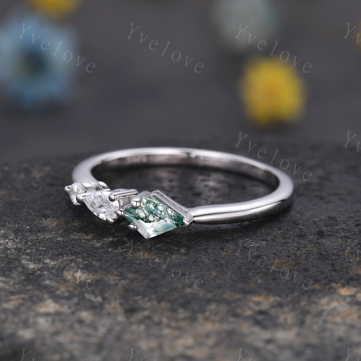 Unique Moss Agate Opal Engagement Ring,Kite Cut Gems,Art Deco Moissanite Wedding Band,3 Stone Unique Women Bridal Promise Ring,Customized