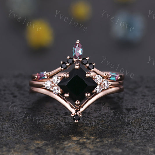 3PCS Vintage princess cut black onyx engagement ring set,black spinel ring,baguette alexandrite,sterling silver ring,unique ring set gift