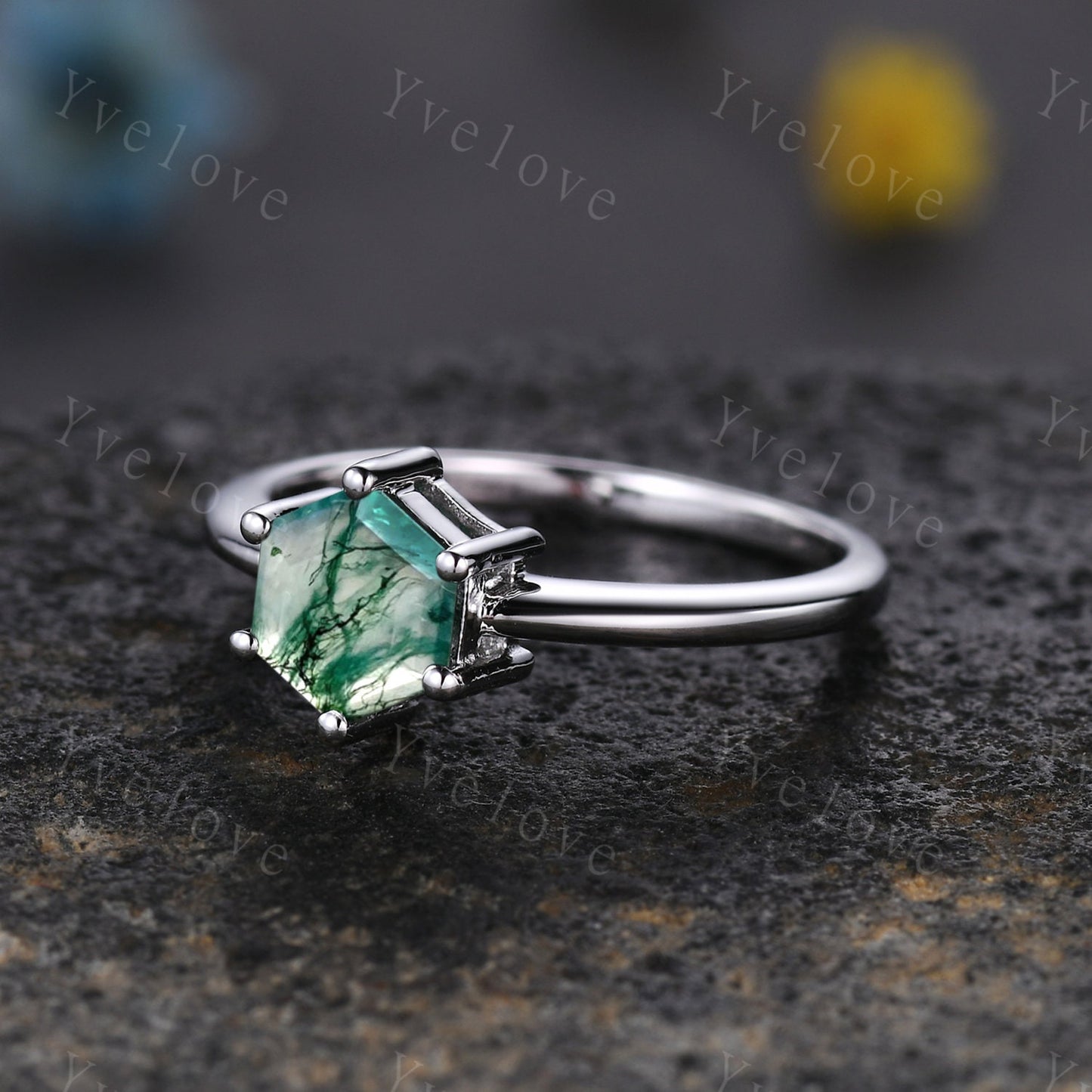 Moss agate engagement ring,Green agate ring,Moss agate ring,Hexagon cut moss agate ring,Platinum ring,Silver ring,Solitaire ring,Customized