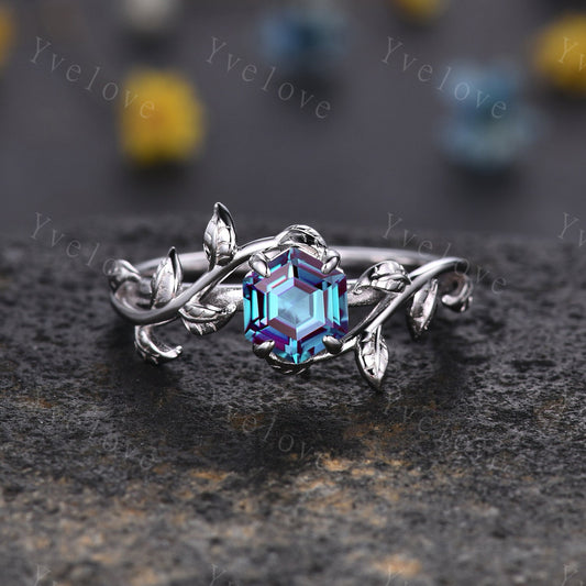 Hexagon Alexandrite Ring,Vintage Twig Vine Leaf Ring,Unique Alexandrite Engagement Ring,June Ring,Women Promise Anniversary Bridal Ring Gift