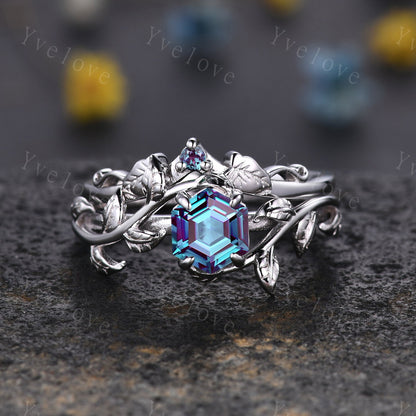 Hexagon Alexandrite Ring,Vintage Twig Vine Leaf Ring,Unique Alexandrite Engagement Ring,June Ring,Women Promise Anniversary Bridal Ring Gift