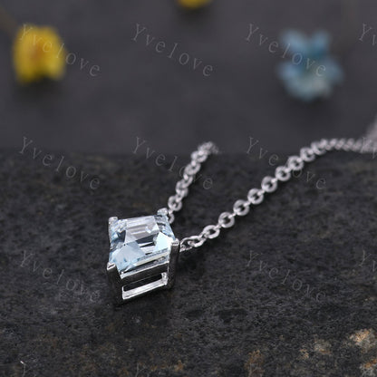 Unique Kite shaped Aquamarine Pendant,Blue Gem Necklace,Silver Art Deco Necklace,March Birthstone,Vintage Women Bridal Gift Anniversary Gift