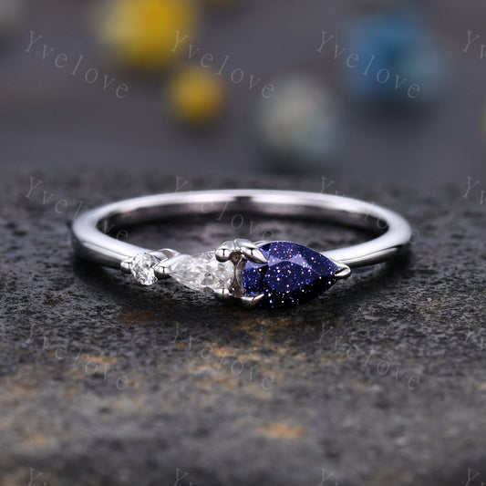 Vintage Sandstone Engagement Ring,Pear Cut Gems,Art Deco Moissanite Wedding Band,3 Stone Unique Women Bridal Promise Ring,Customized Gift