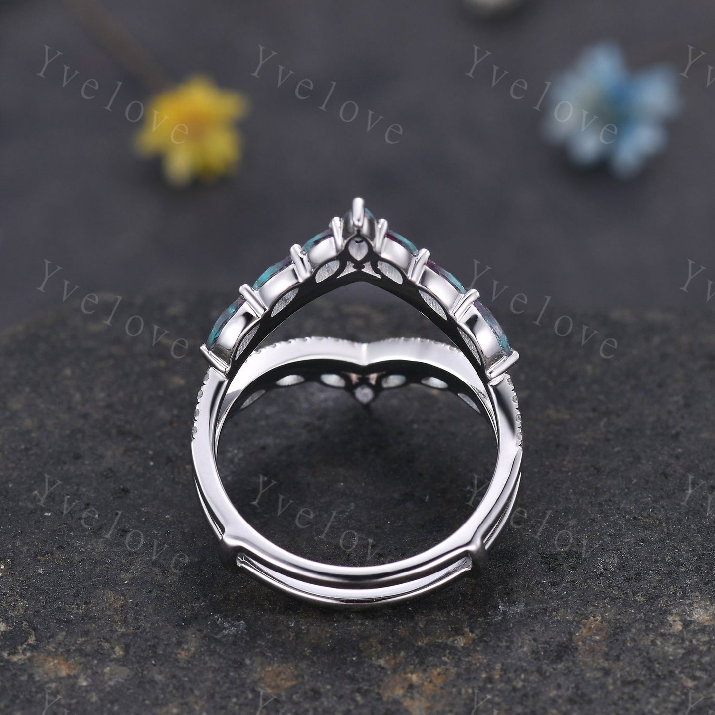 Unique Alexandrite ring,Alexandrite wedding band,Marquise Alexandrite enhancer ring,Curved V stacking band,Moissanite ring,white  gold ring