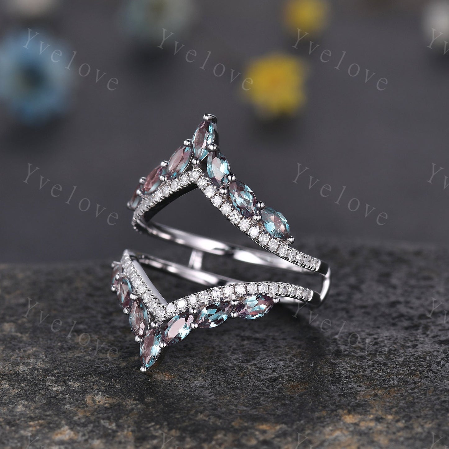 Unique Alexandrite ring,Alexandrite wedding band,Marquise Alexandrite enhancer ring,Curved V stacking band,Moissanite ring,white  gold ring