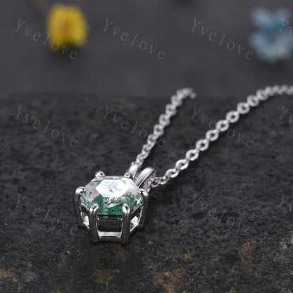 Unique hexagon shaped Moss agate Pendant,Green Agate Necklace,Silver Art Deco Necklace,Vintage Women Bridal Gift Mother's day Gift for Her