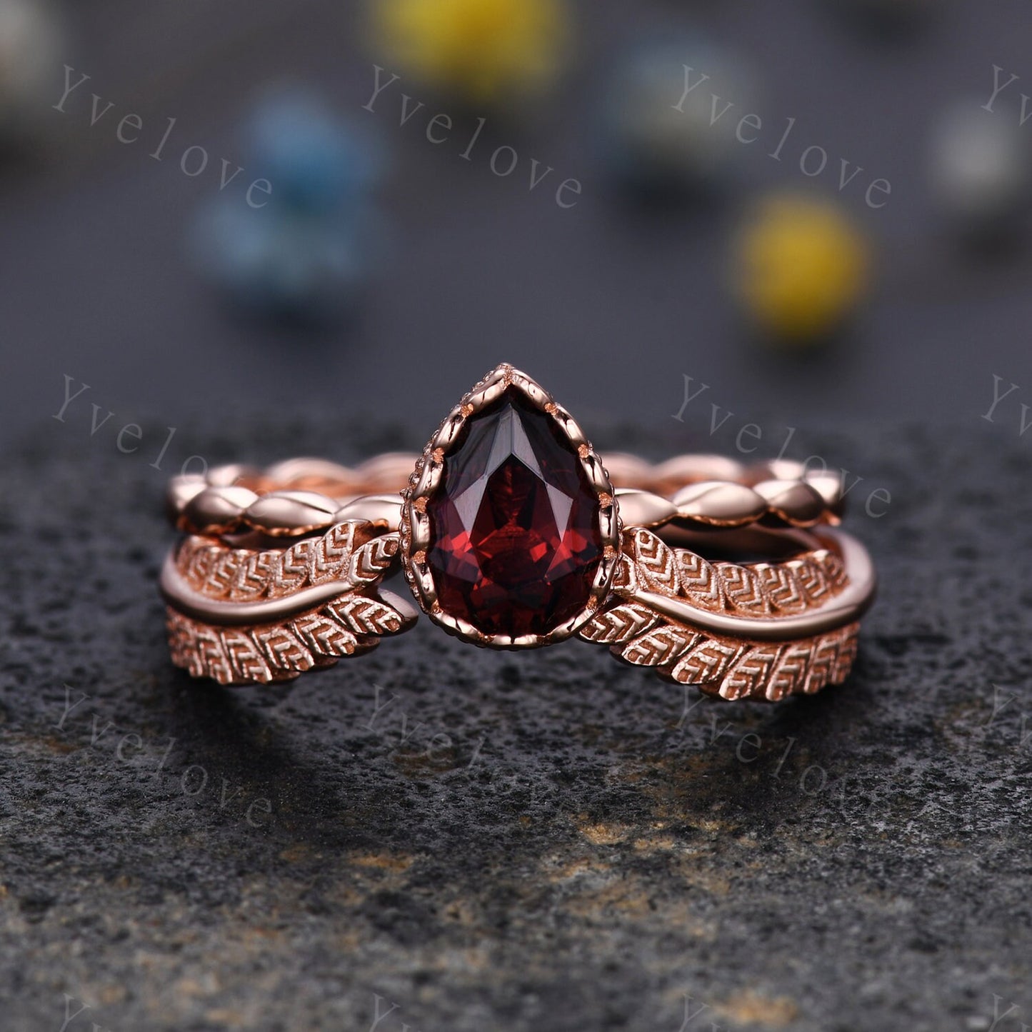 Vintage Oval Cut Red Garnet Engagement Ring Set Unique Leaf Twisted Design Ring Art Deco 14K Rose Gold Open Gap Band Bridal Set Customized