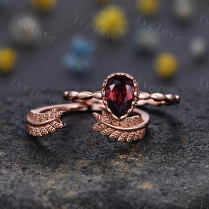 Vintage Oval Cut Red Garnet Engagement Ring Set Unique Leaf Twisted Design Ring Art Deco 14K Rose Gold Open Gap Band Bridal Set Customized