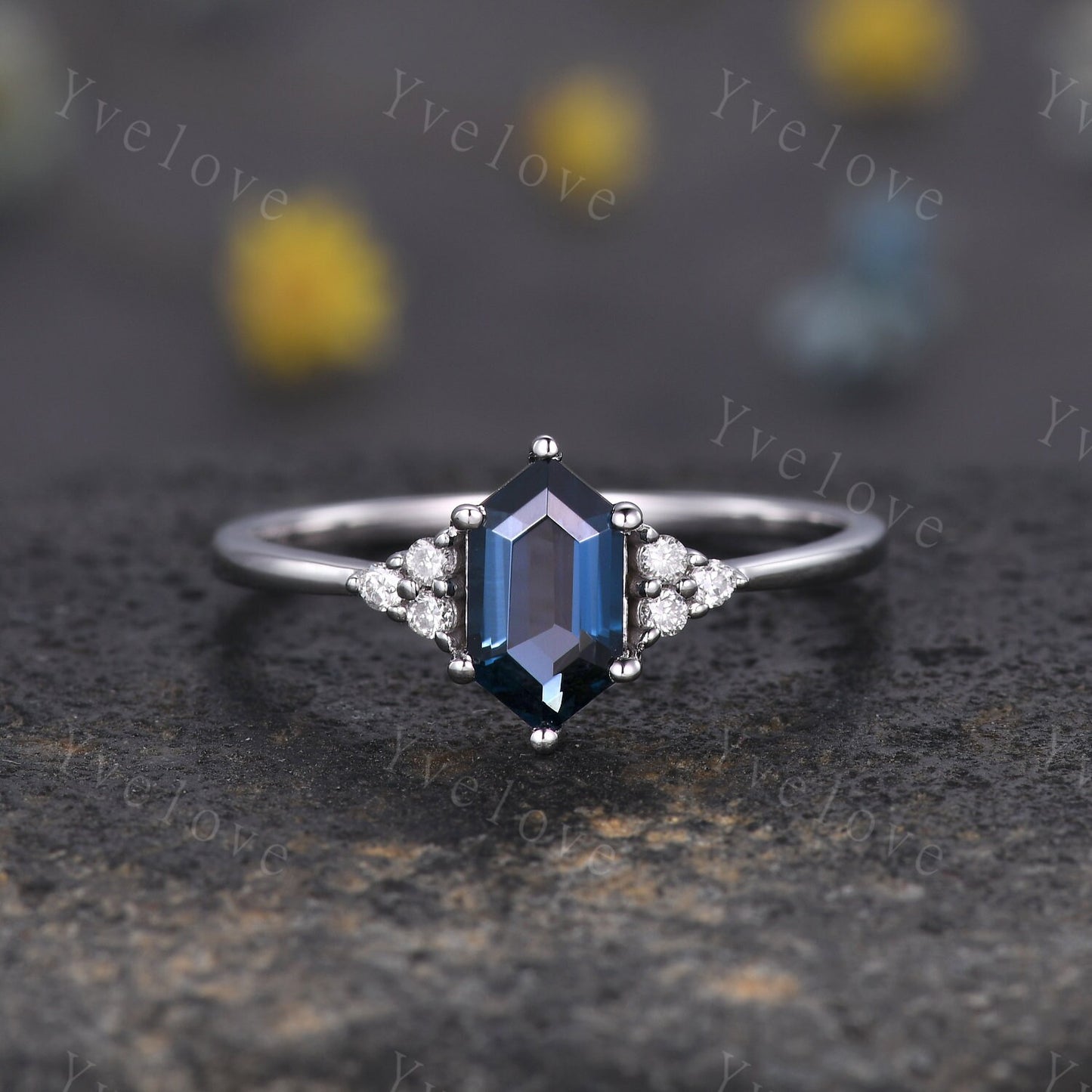 Retro Long hexagon London Blue Topaz Ring,Vintage Sterling Silver Ring Set,Unique Topaz Engagement Ring,Promise Ring,Anniversary Ring Gift