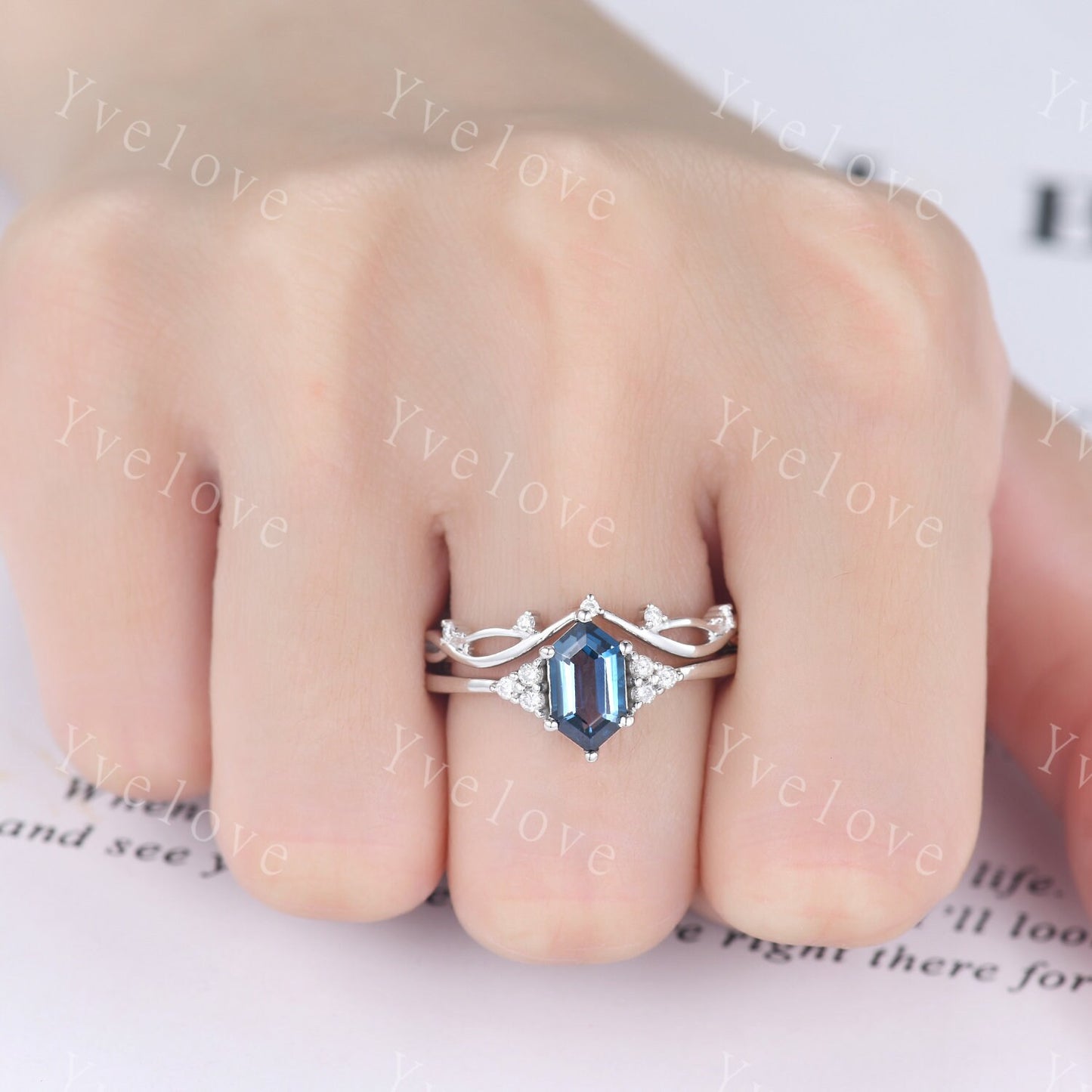 Retro Long hexagon London Blue Topaz Ring,Vintage Sterling Silver Ring Set,Unique Topaz Engagement Ring,Promise Ring,Anniversary Ring Gift