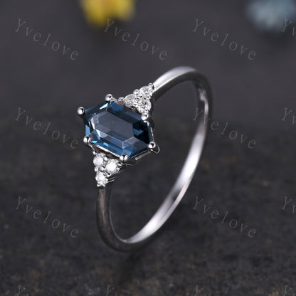 Retro Long hexagon London Blue Topaz Ring,Vintage Sterling Silver Ring Set,Unique Topaz Engagement Ring,Promise Ring,Anniversary Ring Gift