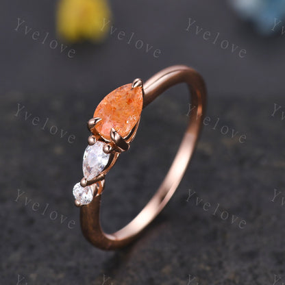 Vintage Sunstone Engagement Ring,Pear Cut Gems,Art Deco Moissanite Wedding Band,3 Stone Unique Women Bridal Promise Ring,14k Rose gold Gift