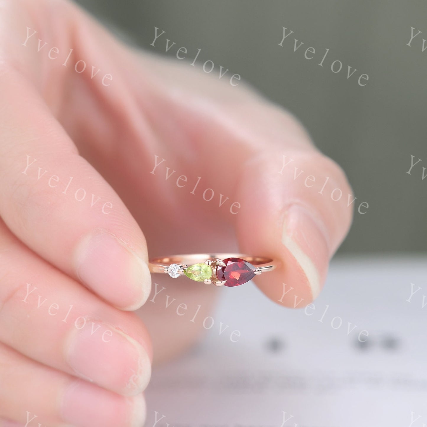 Vintage Red Garnet Peridot Engagement Ring,Pear Cut Gems,Art Deco Moissanite Wedding Band,3 Stone Unique Women Bridal Promise Ring,Custom