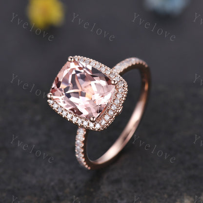 3ct Morganite engagement ring pink morganite ring big cushion shape natural gemstone with thin diamond wedding band solid 14k rose gold gift