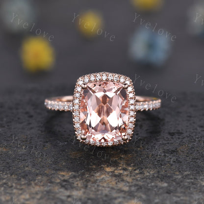 3ct Morganite engagement ring pink morganite ring big cushion shape natural gemstone with thin diamond wedding band solid 14k rose gold gift