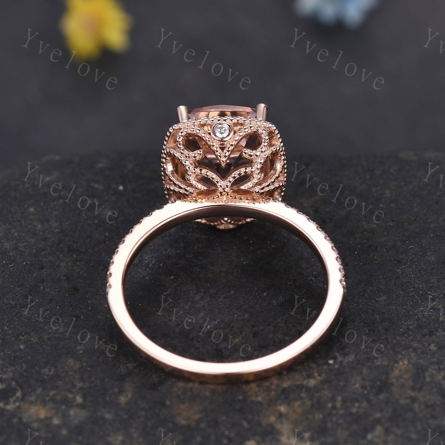 3ct Morganite engagement ring pink morganite ring big cushion shape natural gemstone with thin diamond wedding band solid 14k rose gold gift