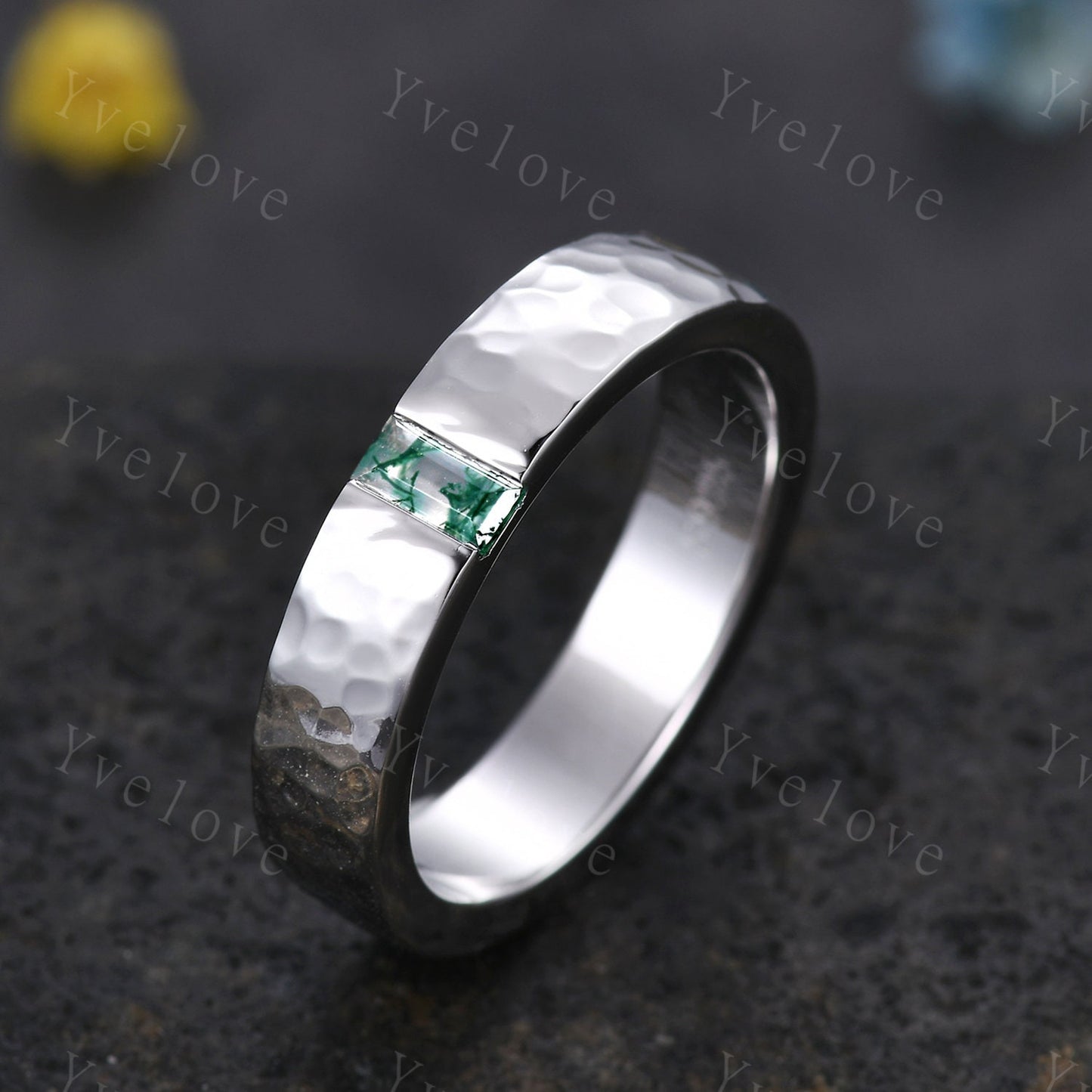 Mens Moss agate Wedding Band Baguette Cut Green Agate Band 5mm Silver Ring Mens Hammered Stacking Matching Band Retro Vintage Ring Gift