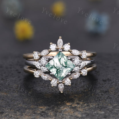 Unique Princess Cut Moss agate Ring Set,Moss Agate Engagement Ring,Enhancer Ring,Women Moissanite Bridal Stacking Double Curved Wedding band